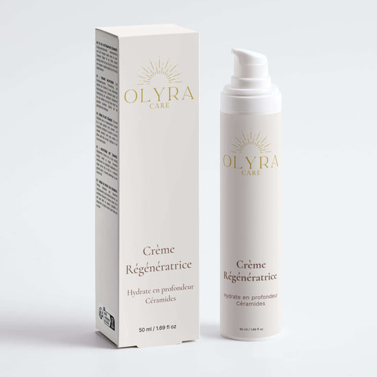 Crème Régénératrice de Nuit Olyra Care en flacon avec packaging élégant et minimaliste.