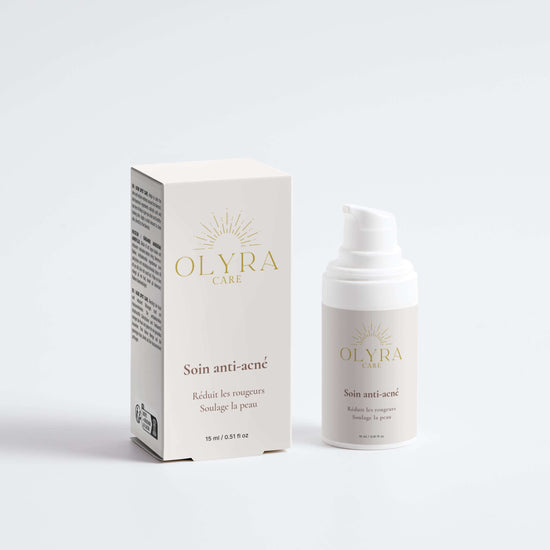 Soin Anti-Acné Olyra Care, flacon et emballage, soin ciblé pour réduire les imperfections et apaiser la peau.