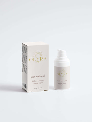 Soin Anti-Acné Olyra Care, flacon et emballage, soin ciblé pour réduire les imperfections et apaiser la peau.