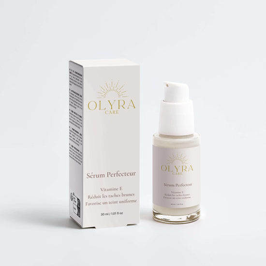 Sérum Perfecteur Visage de Olyra Care, sérum anti-taches et unificateur de teint, présenté avec son emballage.