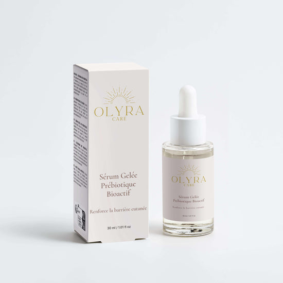 Sérum Gelée Prébiotiques Bioactif Olyra Care, flacon et boîte, soin hydratant pour l'équilibre de la peau.