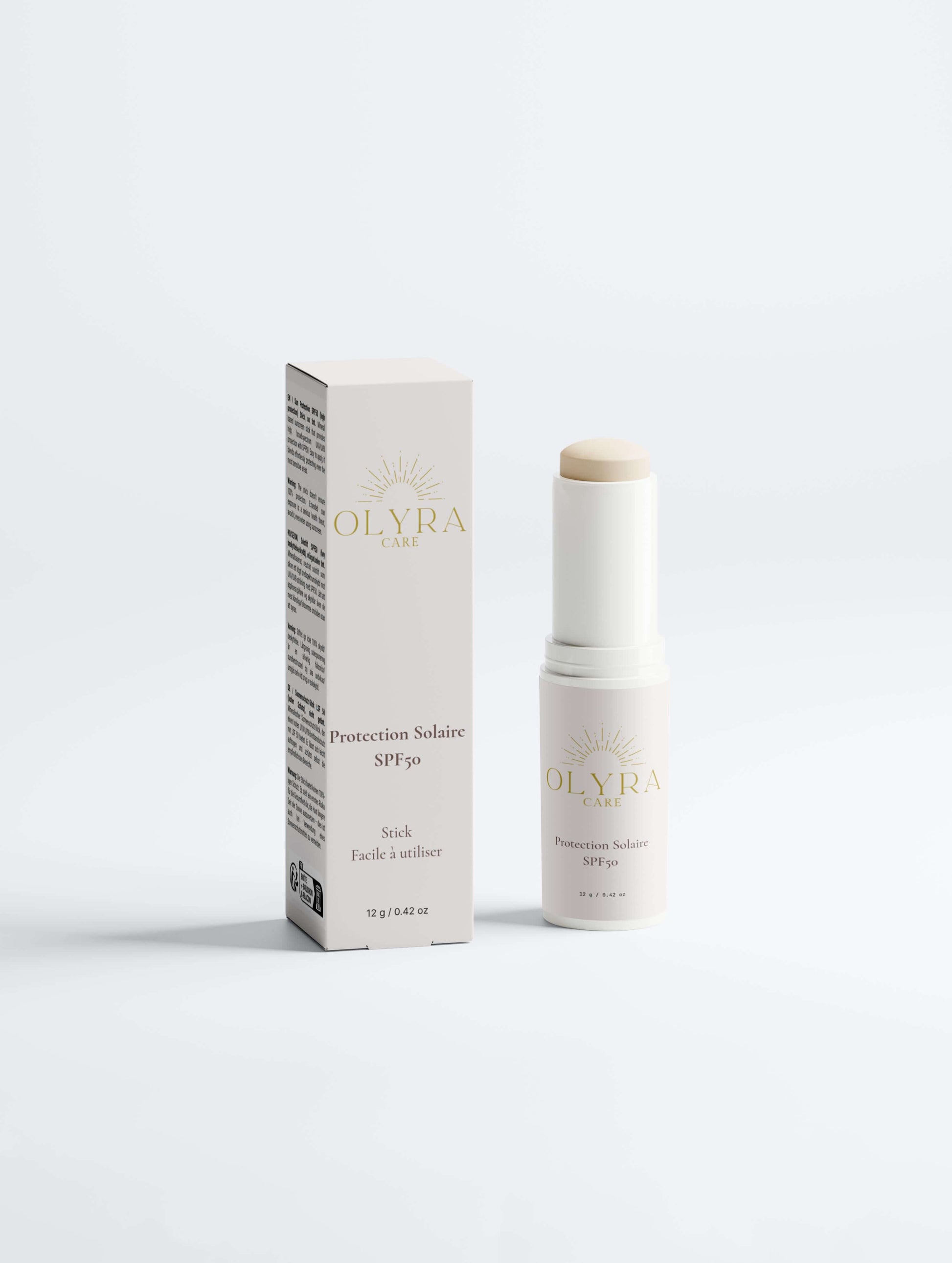 Protection solaire visage SPF50 en stick Olyra Care avec emballage, crème solaire minérale.