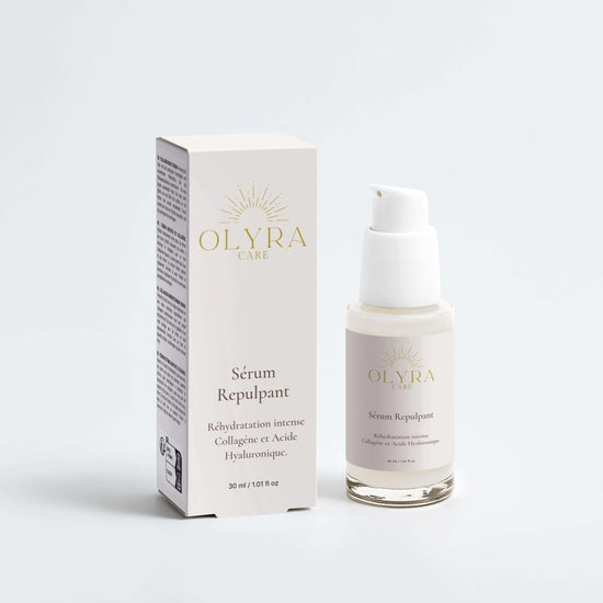 Sérum Repulpant – Collagène & Acide Hyaluronique avec flacon et emballage Olyra Care.